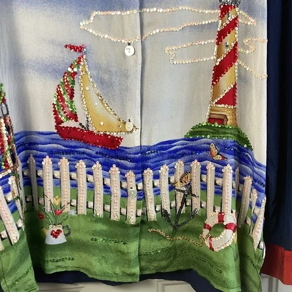 Quaker factory Silk Blue Red embroidered Sequin lighthouse sailboat button-up M - Picture 5 of 9